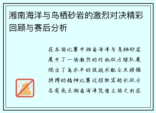 湘南海洋与鸟栖砂岩的激烈对决精彩回顾与赛后分析